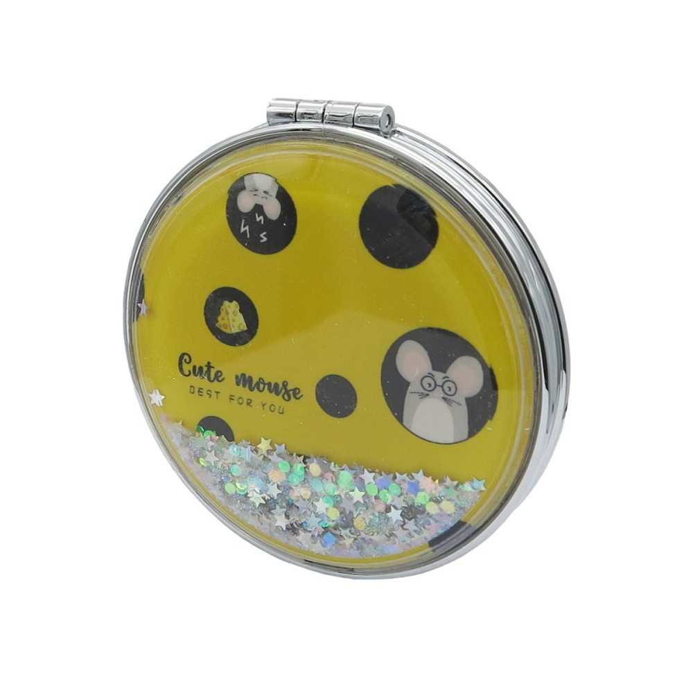 Зеркало косметическое Mouse Yellow складное круглое с блестками