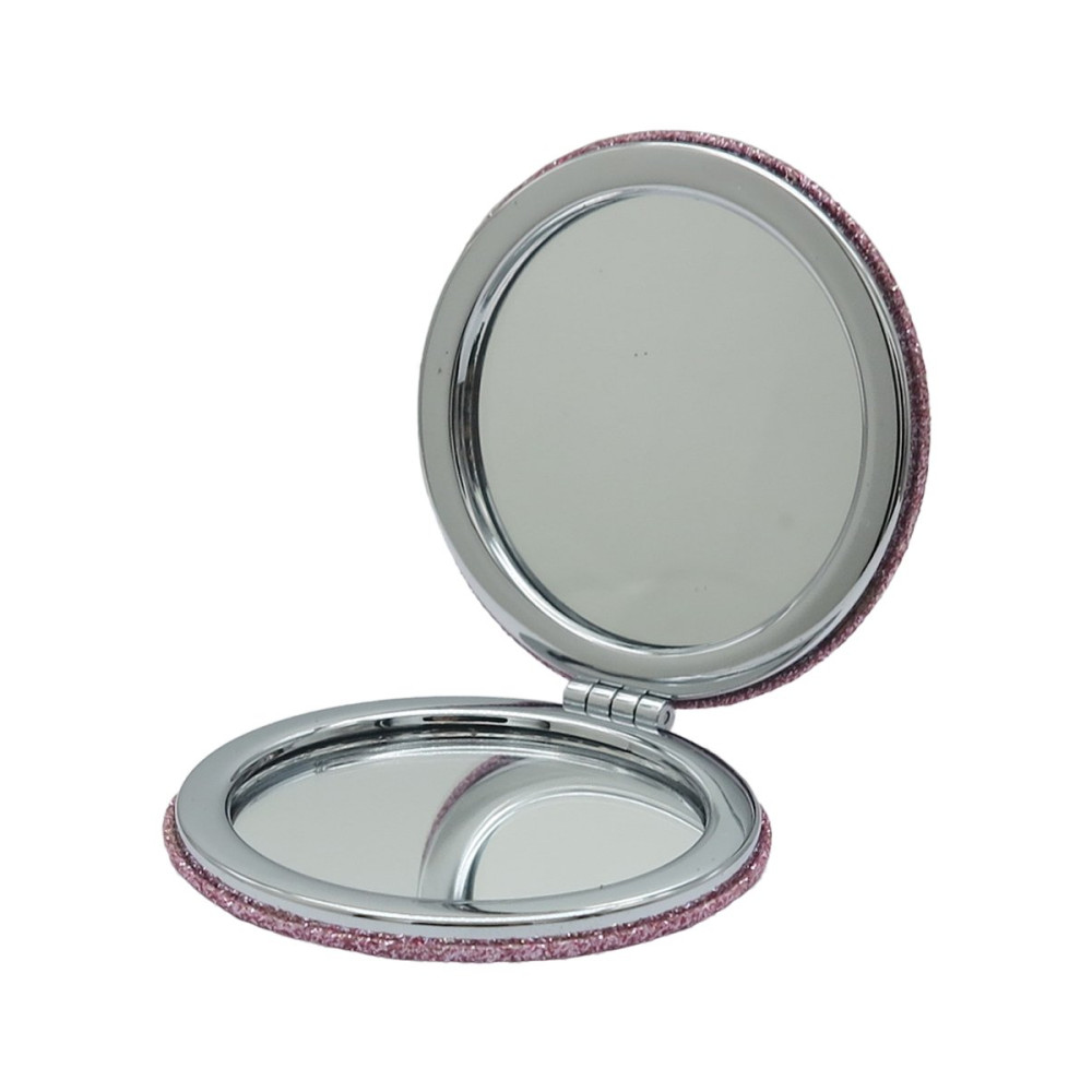 Зеркало косметическое складное круглое с блестками розовое