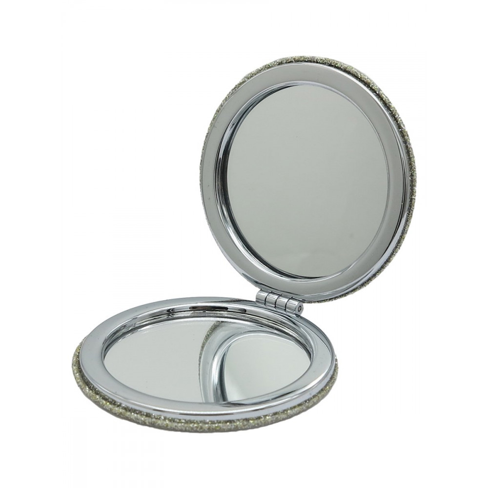 Зеркало косметическое складное круглое с блестками серебристое
