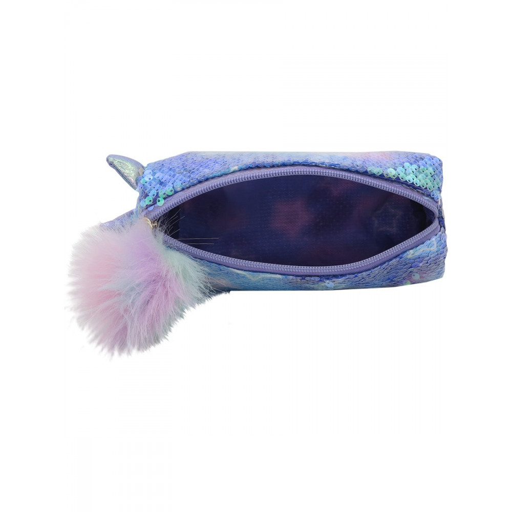 Пенал Единорог с блестками и пушком круглый фиолетовый
