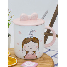 Кружка с крышкой и ложкой Girl with Rabbit бело-розовая 400мл